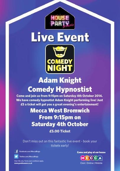 Mecca Bingo, West Bromwich – Adam Knight Comedy Hypnotist performing Live 4th October 2014