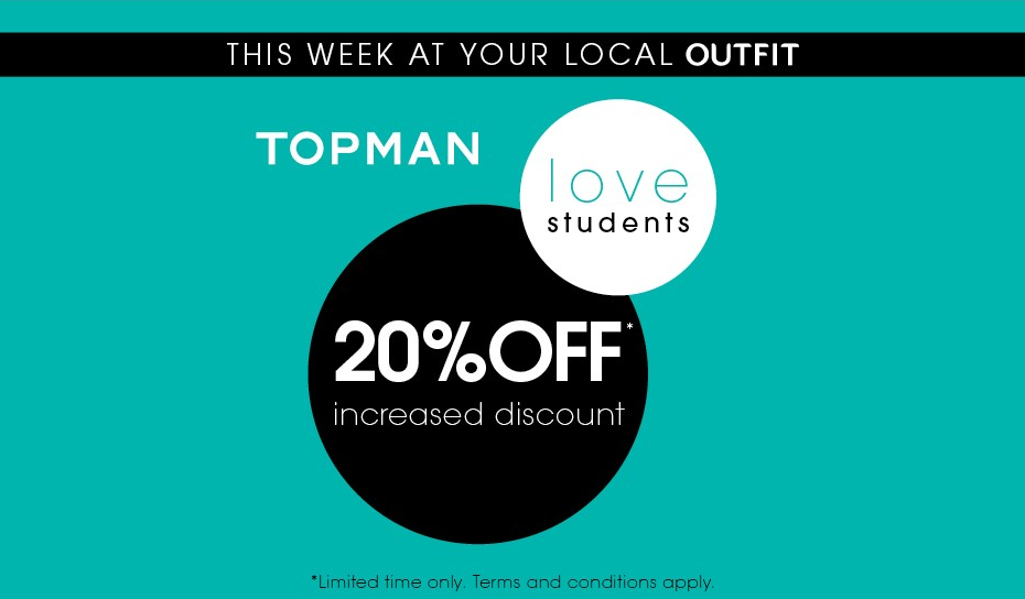 20% Off in Topman, Outfit, New Square Shopping Centre, West Bromwich