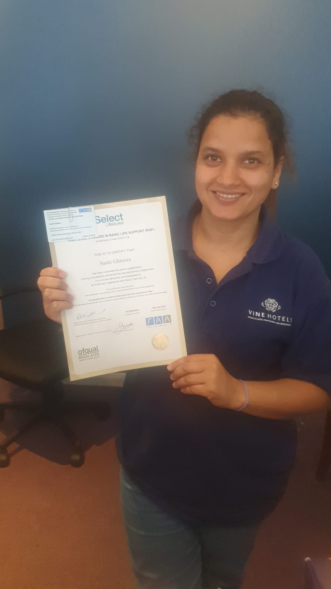 Best Western Hotel have received their First Aid Certificate