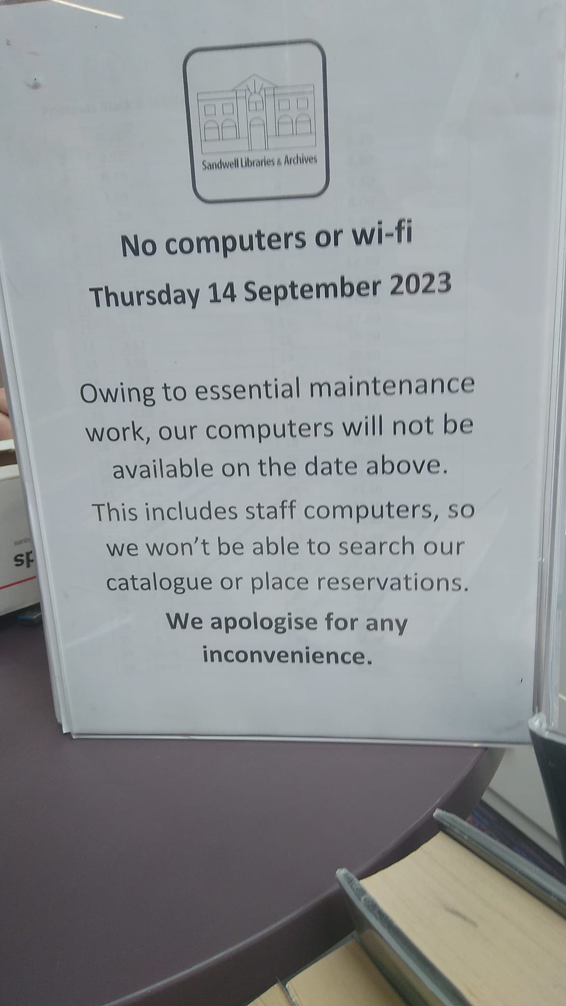 West Bromwich Library will not have any WiFi. There won’t be any use of computers on the 14th of September