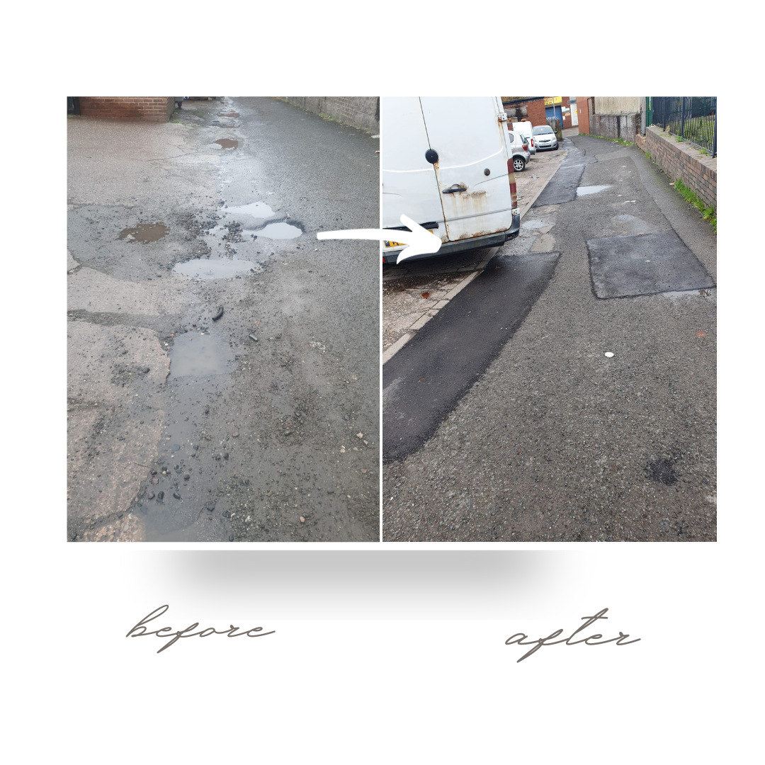 Before and after fixed potholes in West Bromwich