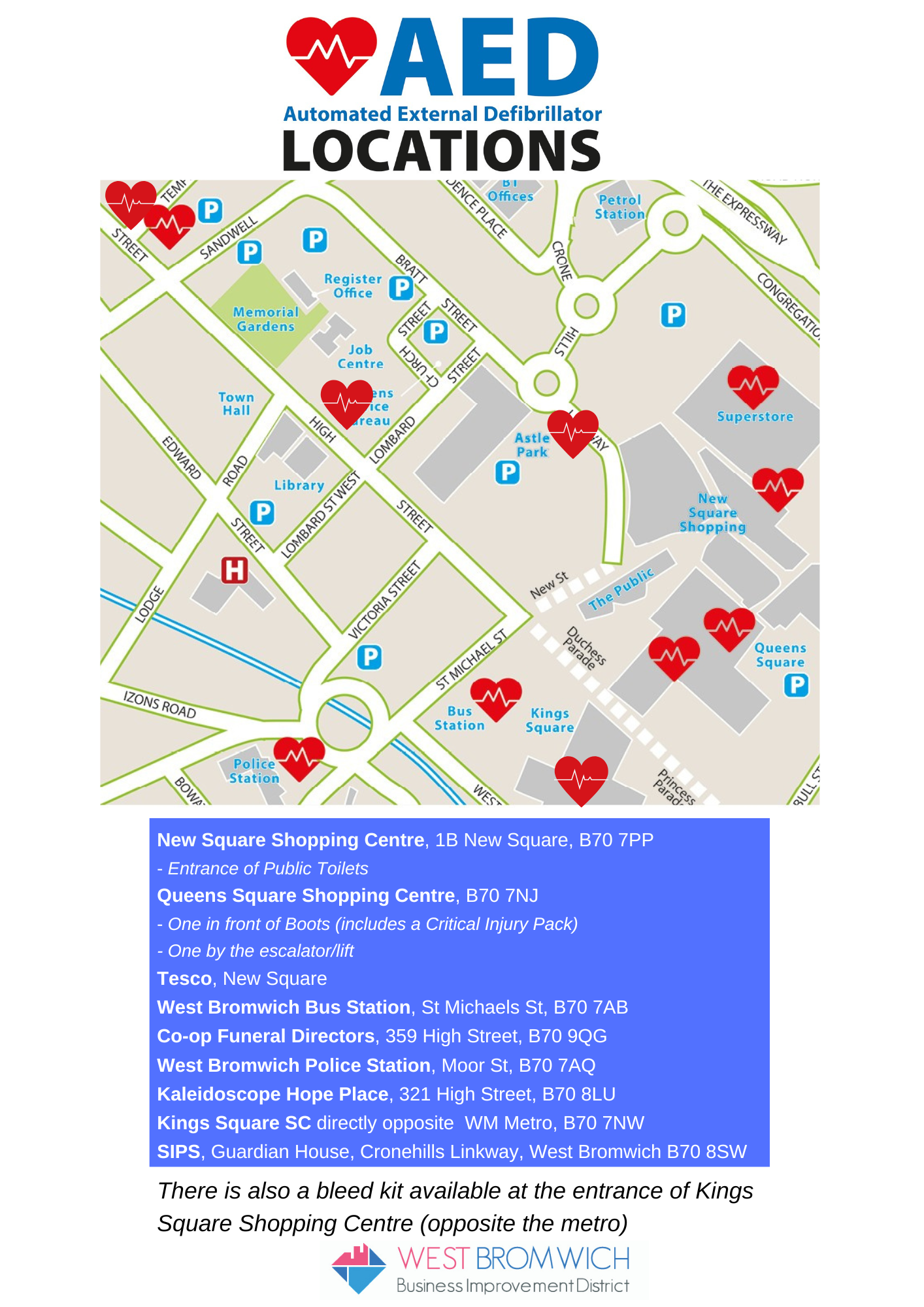 Automated External Defibrillator locations in West Bromwich BID area.