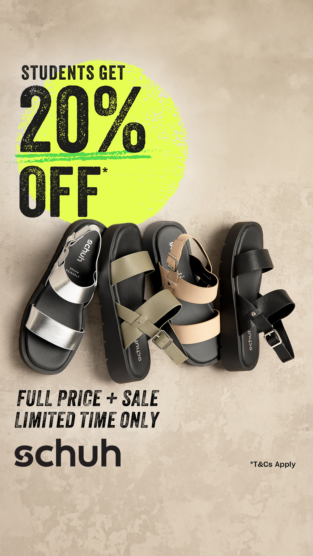 Students get 20% off* full price and sale at Schuh